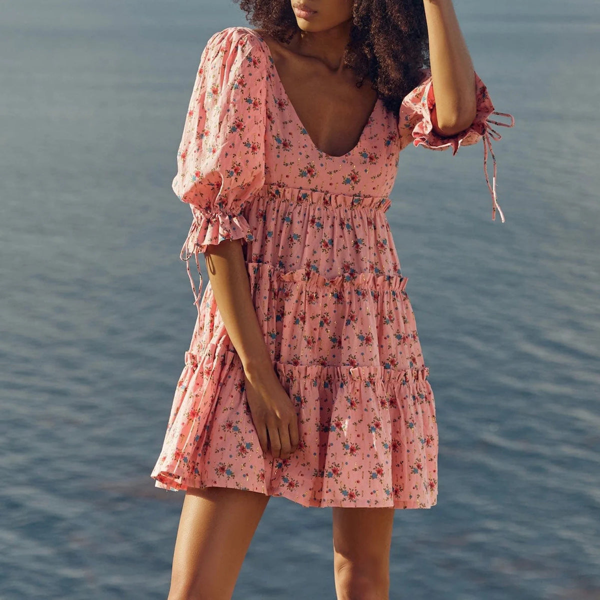 Cyflymder  Womens Bohemian Puff Sleeve Dress Boho V-Neck Ruffle Layered Hem Mini Dress Floral Flowy Ruffle Tiered Short Dresses