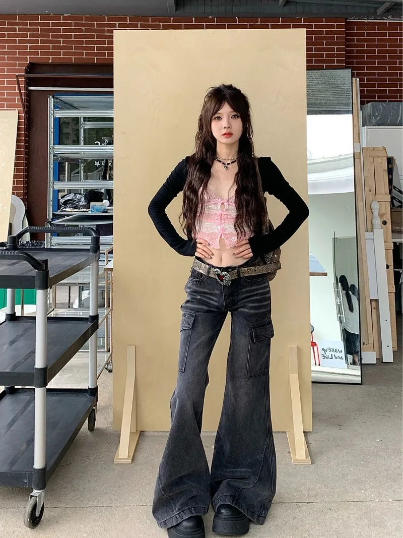 Cyflymder  High Street Retro Black and Gray Jeans Women's Pants Autumn Loose Wide-leg Pants Straight Flared Trousers Y2k Sweet Punk Pant