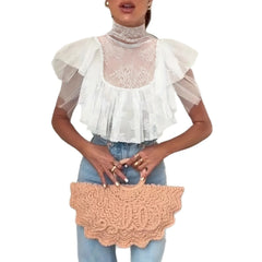 Cyflymder  New short top turtleneck lace mesh lace perspective cascade splicing sexy T-shirt