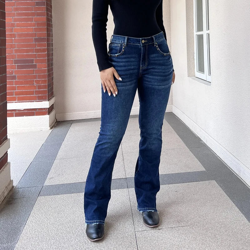 Cyflymder  Elegant High Stretchy Skinny Flare Jeans, Leopard-Print Pockets with Studs, Mid Waist Slim Fit- Retro & Stylish Long Length T27