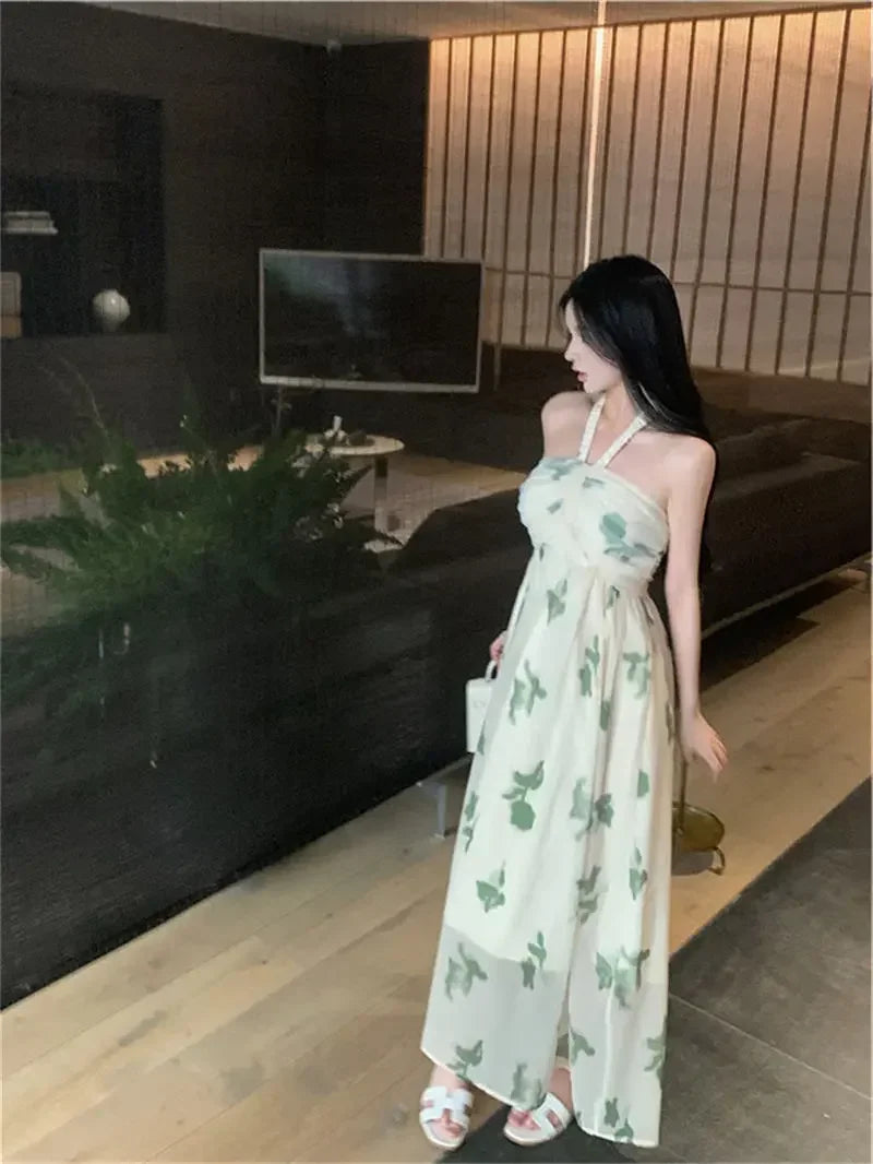 Cyflymder  Temperament Floral Neck Strapless Tulle Skirt Gentle Style Slim A-line Long Skirt