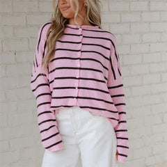 Cyflymder   Contrast Striped Loose Cardigan for Women Long Sleeve Button Down Knit Winter Casual Daily Minimalist Sweater Outerwear