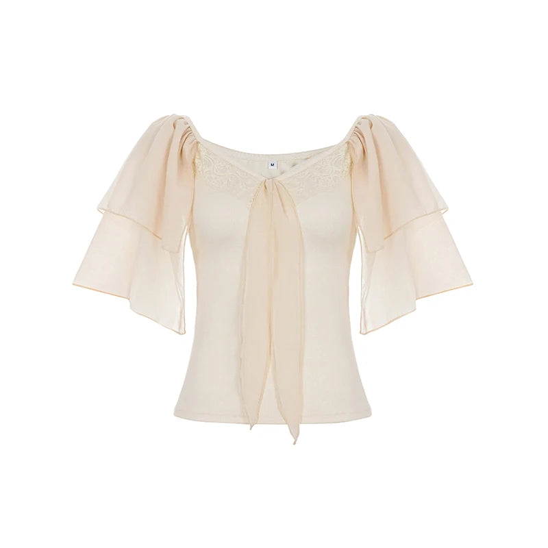 Cyflymder  Sweet Patchwork Lace Blouse Holiday Solid Bandage V-Neck Half Layered Sleeve Shirts Women Summer Fashion Streetwear Ladies