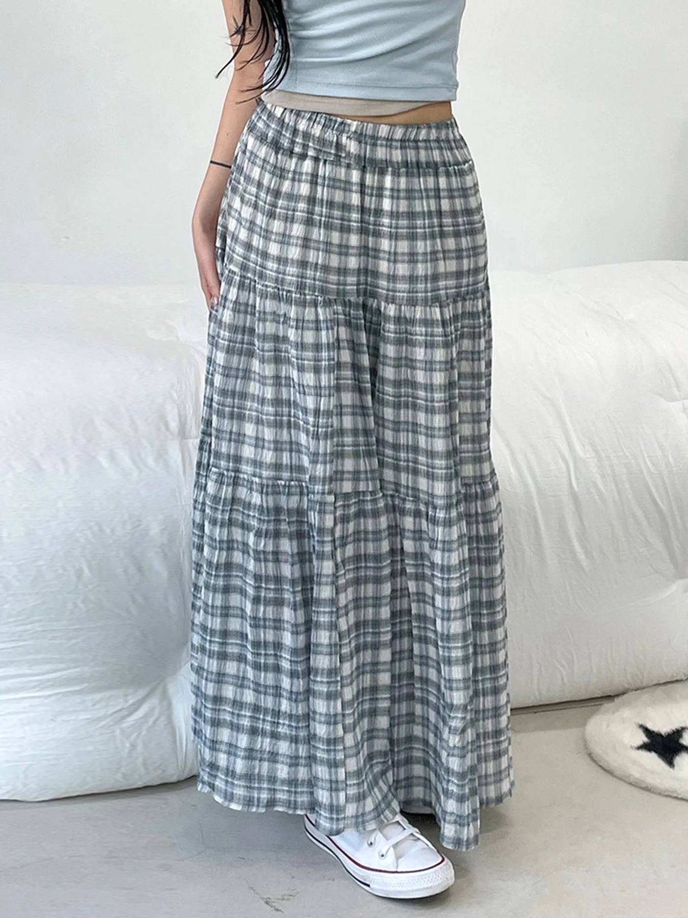 Cyflymder  Casual Sweet Plaid A-Line Skirts Holiday Mid-Waisted Maxi Skirts Women 2025 Summer Fashion Streetwear Preppy Style Lady