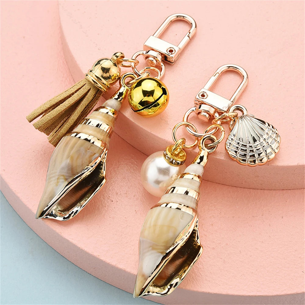 Cyflymder Women Bohemia Style Conch Keyrings With Pearl Shell Tassel Pendant Exquisite Bag Key Ring Ornaments Seaside Souvenir Small Gifts