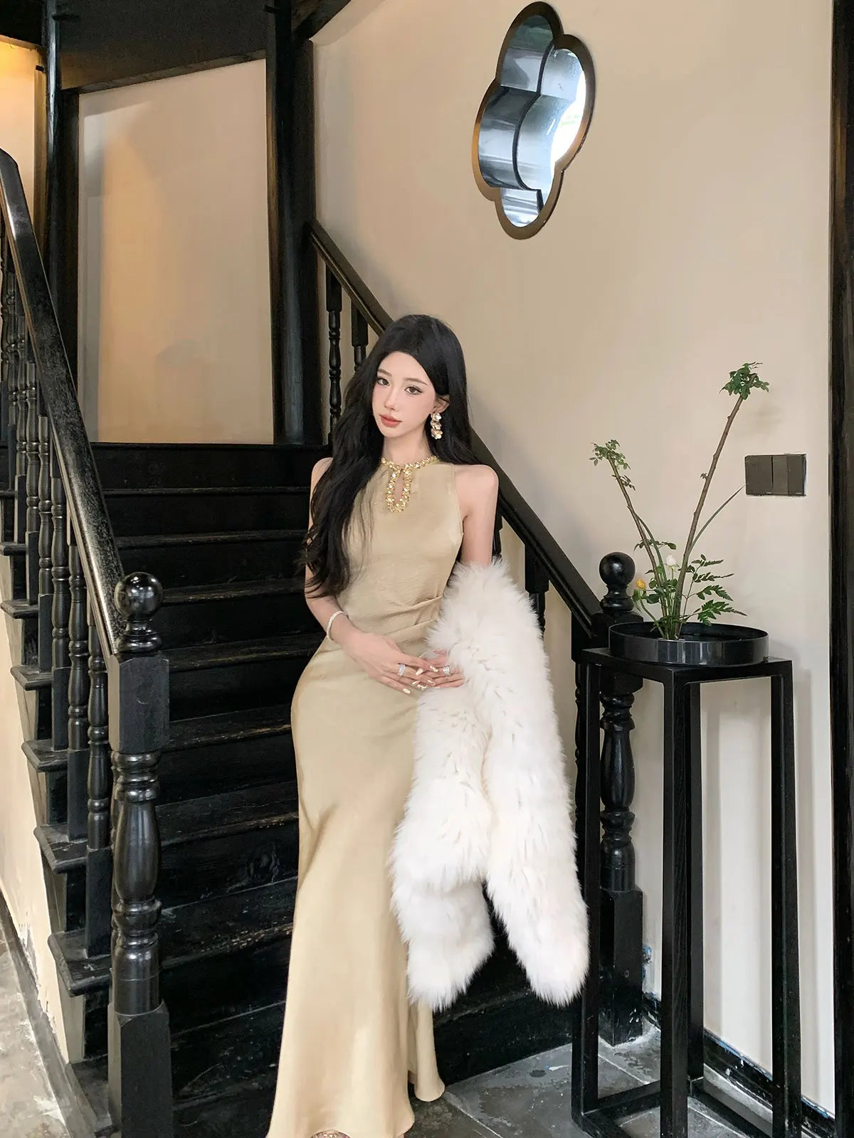 Cyflymder  Elegant Gold Sleeveless Long Dress V-Neckline Events Evening Parties Luxurious woman dresses  Hot Sexy Flowy Clothing