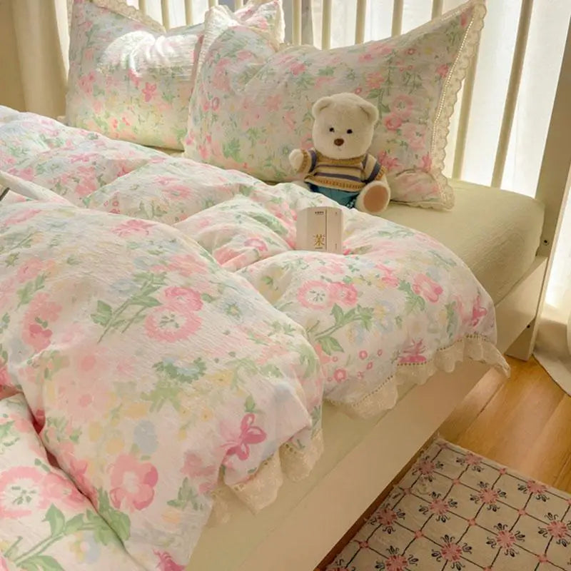 Cyflymder  New A-Class Hollow Lace Bedding Set Fitted Sheet Quilt Cover Pillowcase for Spring Summer Korean Skin Friendly Cozy Bedclothes