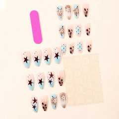 Cyflymder  24pcs Retro Leopard Print Fake Nail Tips y2k Blue French Almond Press on Nail Wearable Spicy Girl False Nails for Women Girls