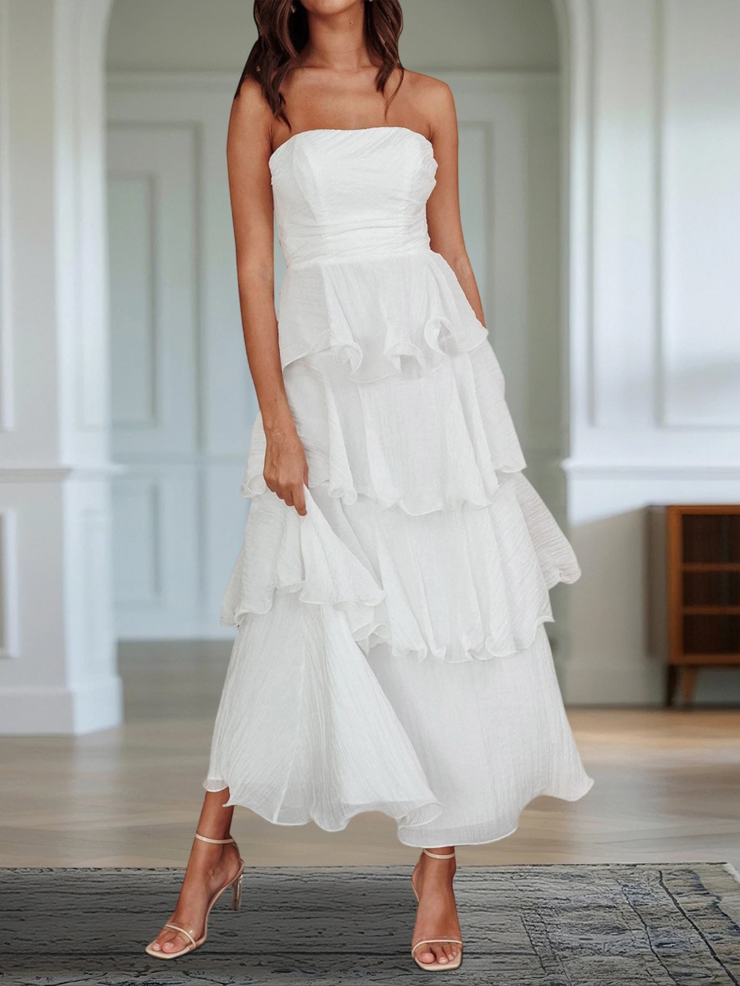 Cyflymder  Ruffled Tube Top Long Dress for Women Summer Solid Color Backless Strapless Sleeveless Tiered Cake Dress