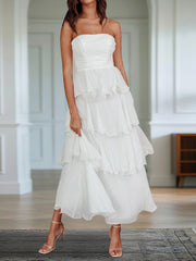 Cyflymder  Elegant Off-Shoulder Maxi Dress with Ruffle Detailing and Tiered Skirt for Women Summer Solid Color Backless Dress