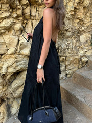 Cyflymder  Women's new summer linen black halter neck casual loose robe dress sexy strapless backless design personality fashion