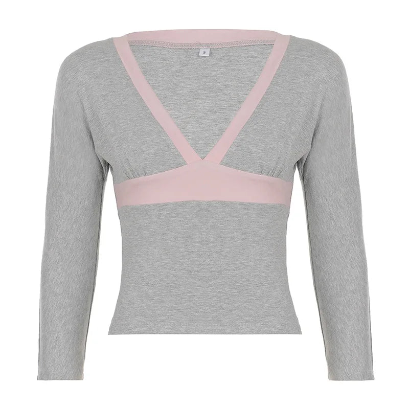 Cyflymder   Y2k Temperament Sexy Contrast Color V Neck Half Sleeve Slim Knitted  Top Female