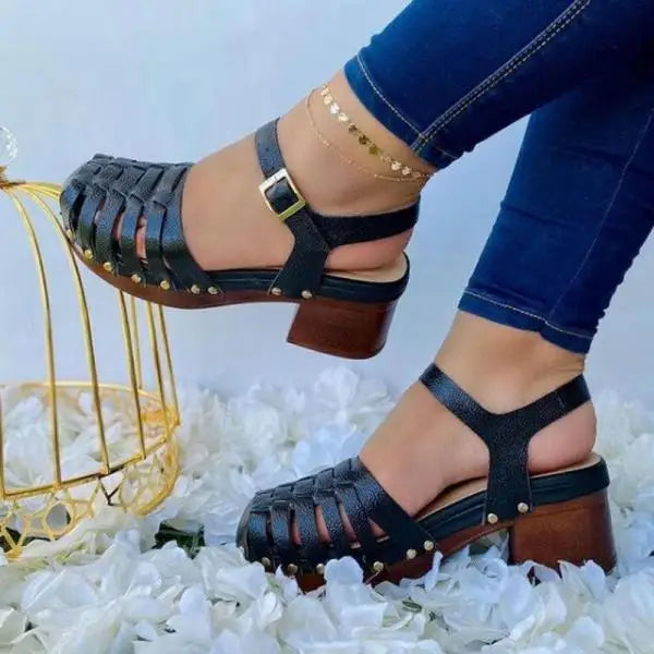 Cyflymder  High Heel Sandal for Women Female Shoe Large Size High-heeled Retro Girls Low Comfort Big 2025 Beige Closed Fabric PU Rubber Sol