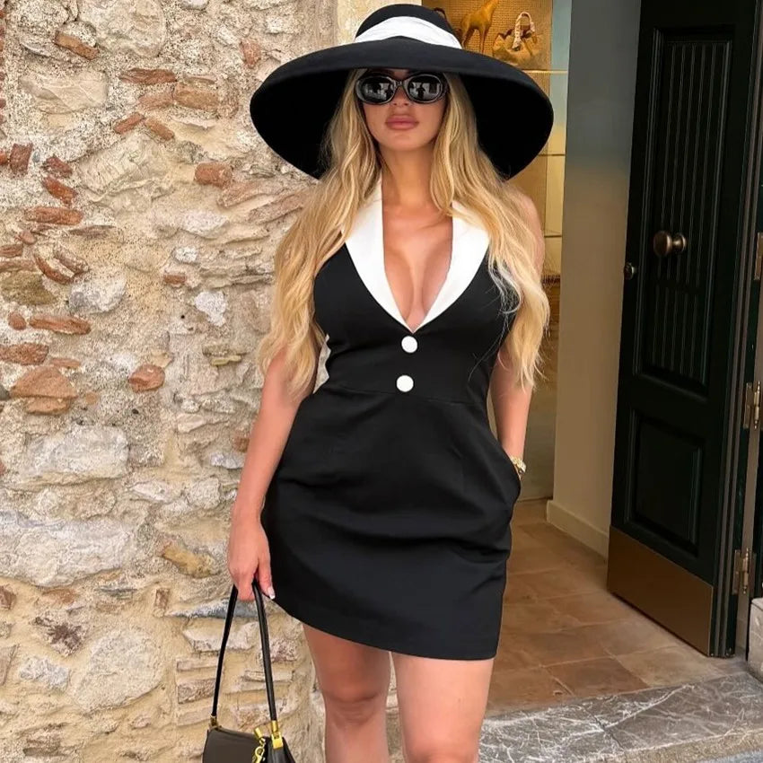 Cyflymder  Elegant Women Luxury Formal Black Deep V-Neck Mini Dress Fashion Sleeveless Evening Ladies Street Party Vestidos Spring Summer
