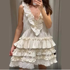 Cyflymder  Elegant Layered Ruffle Dress Women 2025 New Summer Loose Sexy V-neck Sleeveless A-line Mini Dresses Vacation Party Evening Dress