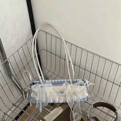 Cyflymder  Bow Plaid Blue Purse Shoulder Bag Women Fairy Core Aesthetic Trendy Silk Ribbon Chic Y2k Handbag Ladies Sweet Cute Underarm Bag