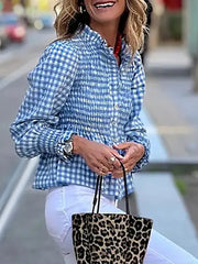 Cyflymder  Women Fashion Plaid Print Commuting Shirt Elegant Stand Collar Puffed Sleeve Autumn Blouse Lady Casual Single breasted Slim Tops