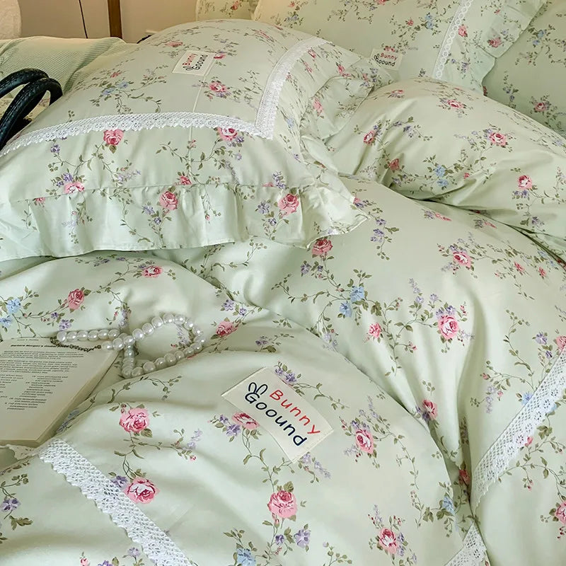 Cyflymder  100% Cotton Spring Garden Flowers Botanical Chic Ruffles Soft Comfortable Double Queen (1Duvet Cover+1Bed Sheet+2Pillowcases)