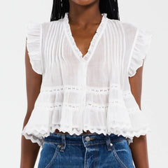 Cyflymder  Women's Ruffle V Neck Babydoll Tank Top, Semi Sheer Lace Flowy Peplum Top, Boho Eyelet Button Down Crop Shirt Summer