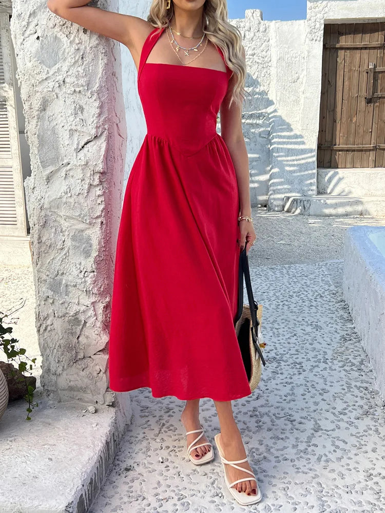 Cyflymder  Slimming Halter Backless Sleeveless Dress for Women Solid Color High Waist Casual Summer Vacation Beach Sundress