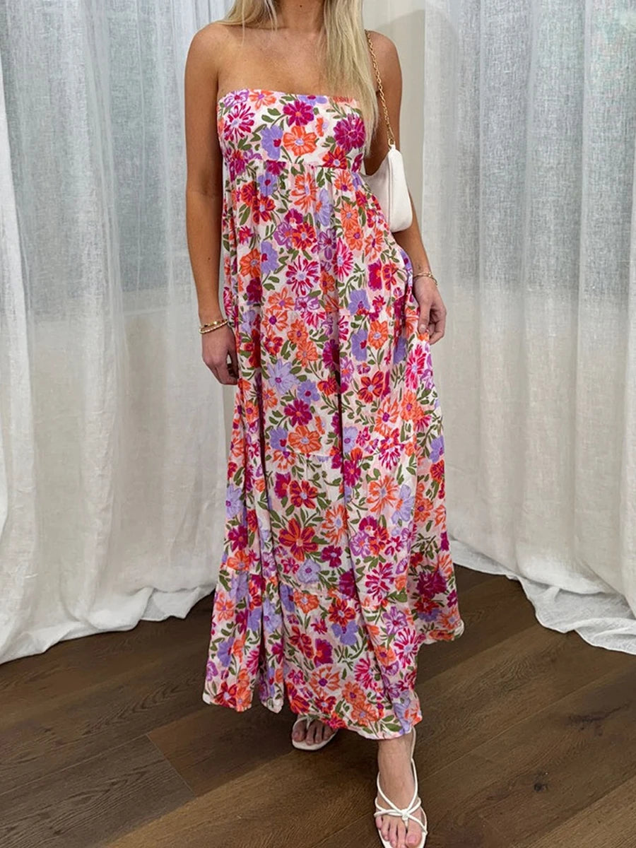 Cyflymder  Elegant Off-Shoulder Maxi Dress with Boho Floral Print and Lace-Up Back Detail for Summer Wedding Party or Vacation Beachwear