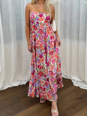 Cyflymder  Elegant Off-Shoulder Maxi Dress with Boho Floral Print and Lace-Up Back Detail for Summer Wedding Party or Vacation Beachwear