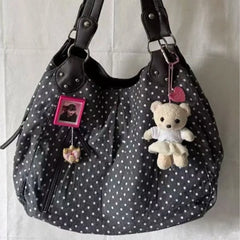 Cyflymder   Harajuku Retro Polka Dot Tote Bag Women Black Wrinkle Large Capacity Shoulder Bag Ladies Sweet Cute Commute Underarm Bag
