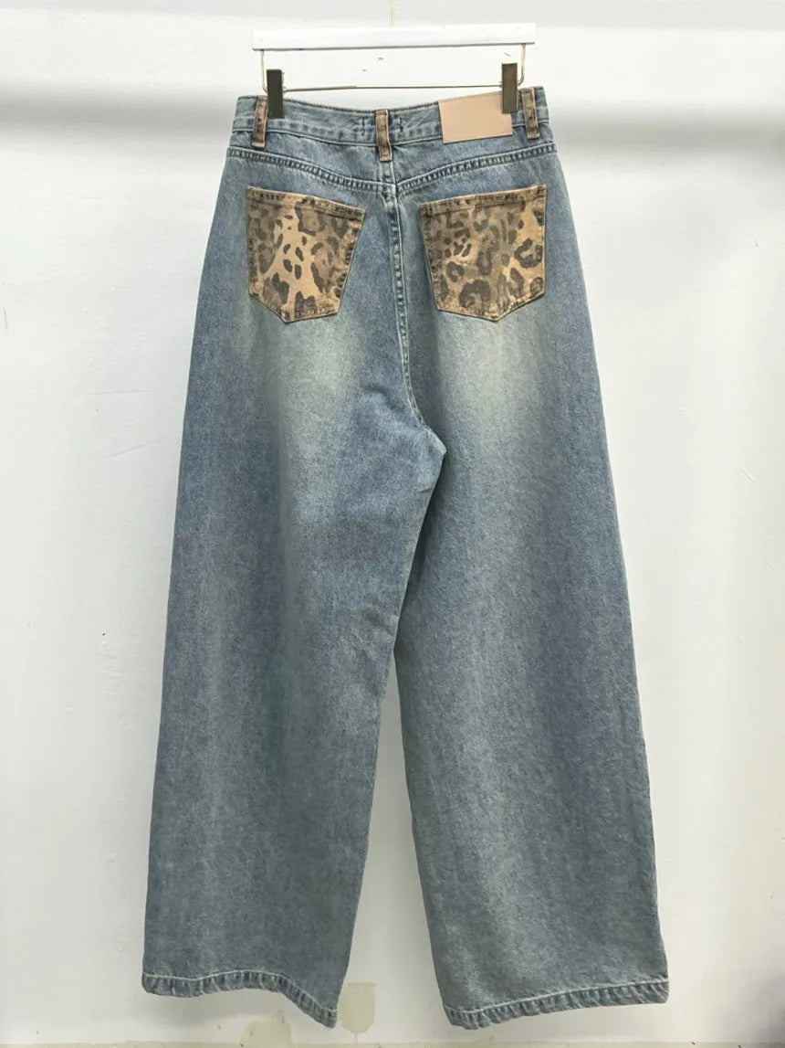 Cyflymder  Retro Splicing High Waist plus Size Slimming Leopard Print Design Casual Sle Women's Jeans Autumn New Arrival