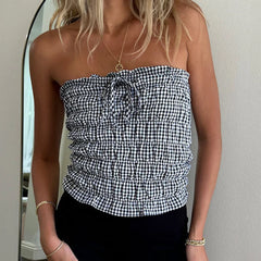Cyflymder  Plaid Strapless Tube Tops Elastic Ruched Off Shoulder Crop Tops Bandeau 90s Vintage Backless Y2K Tank Vest Women
