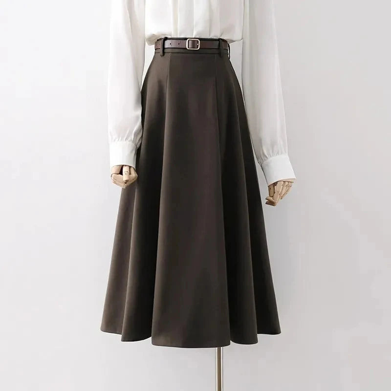 Cyflymder long skirt outfit winter Vintage Belt Woolen Midi Skirt Women Black Pleated Skirts Fall Winter Ladies Korean Elegant High Waist All Match A Line Skirt