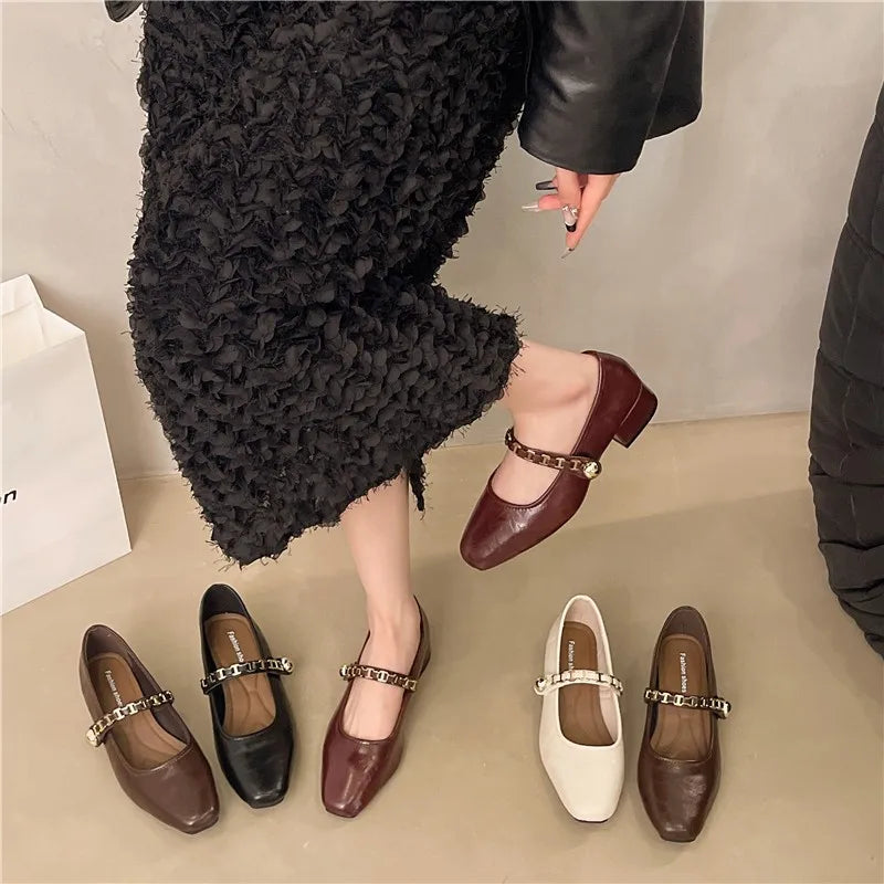 Cyflymder  Retro low-heeled single shoes for women, new summer fashion gold buckle square toe comfortable high-heeled leather shoes