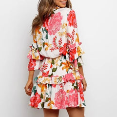 Cyflymder  Women's Elegant Bohemian Short Dress Spring Summer Floral Print Lace Up Mini Dress Casual Ruffle O Neck Pullover Dress Vestidos