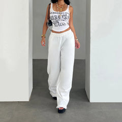 Cyflymder   Casual White Basic Elastics Waist Fringed Woven Pants Women All Match Commuting Style Straight Full Length Trousers Fashion New