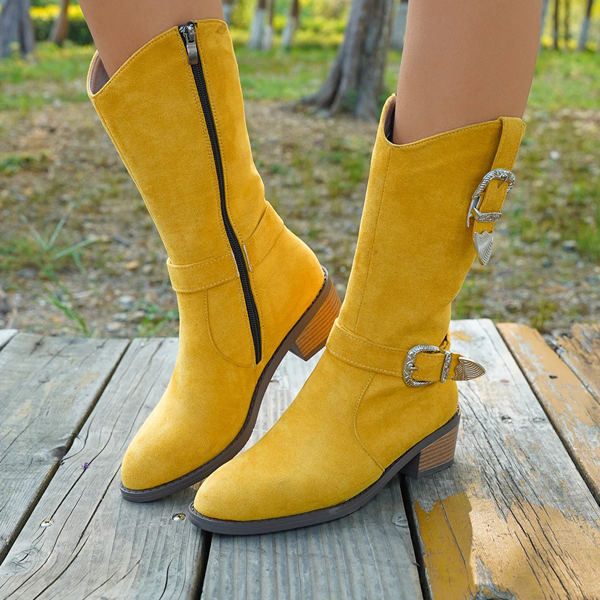 Cyflymder  Round toe thick heel knee high boots with zippered high heels, comfortable fit for women's fashion shoes, plus size women's shoe