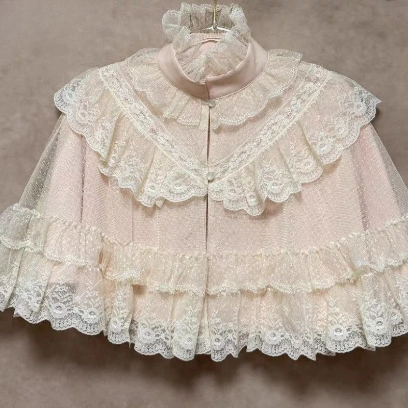 Cyflymder  Lolita Lace Embroidery Cloak Blouse Y2k Aesthetic Sweet Bandage Grunge Blusas Ruffled Collar Sleeveless Cropped Women Shirt