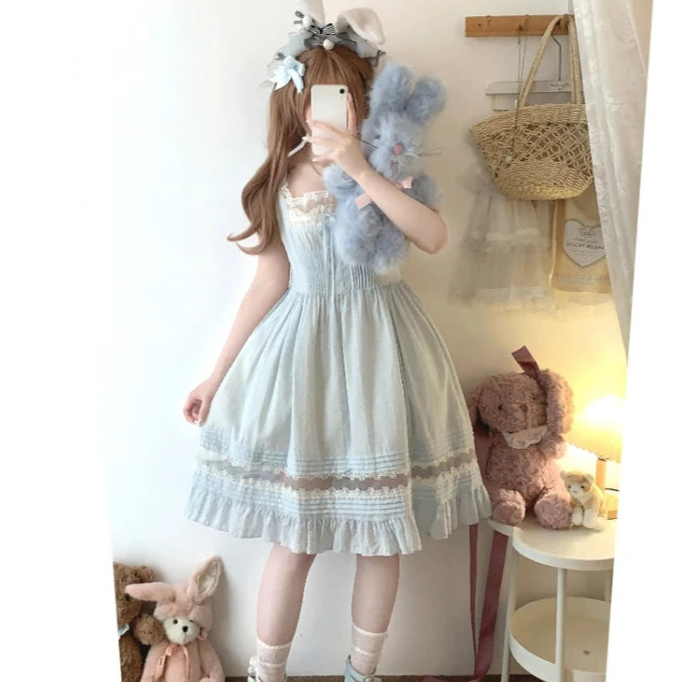 Cyflymder Sweet Elegant Lolita Mini Dress Women Japanese Kawaii Cute Lace Square Neck Fairy Dresses Korean Summer Party Princess Dresses