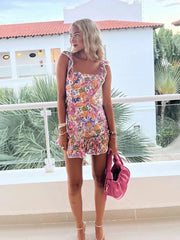 Cyflymder  Floral Print Mini Dress For Women Ruffle Strap Square Neck Open Back Tie Bow Ruffle Hem Skirt Lady's Dating Vacation Frock
