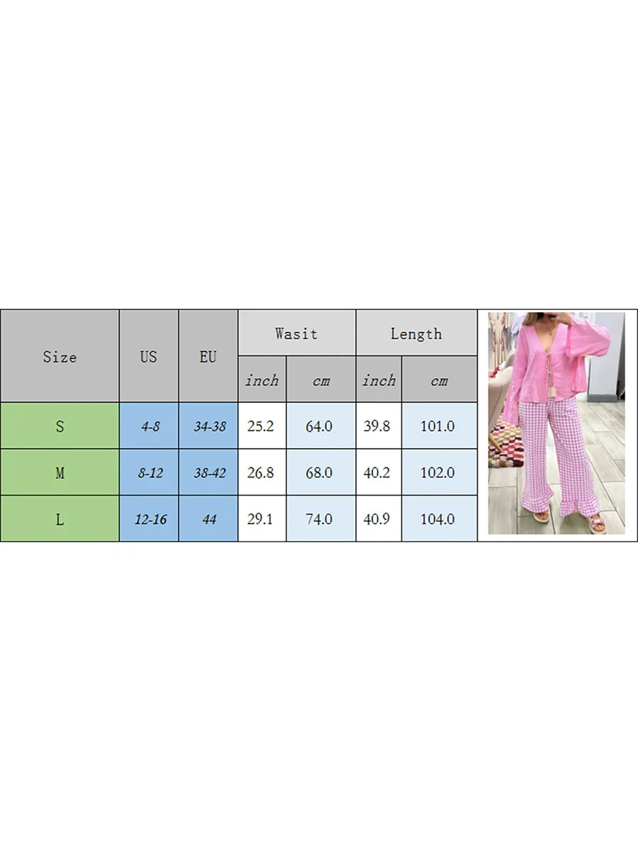 Cyflymder  Fashion Womens Plaid Print Pants Ruffles Legs Gingham Wide Leg Loose Casual Pull On Trousers Y2K Retro Chic Going Out Pants