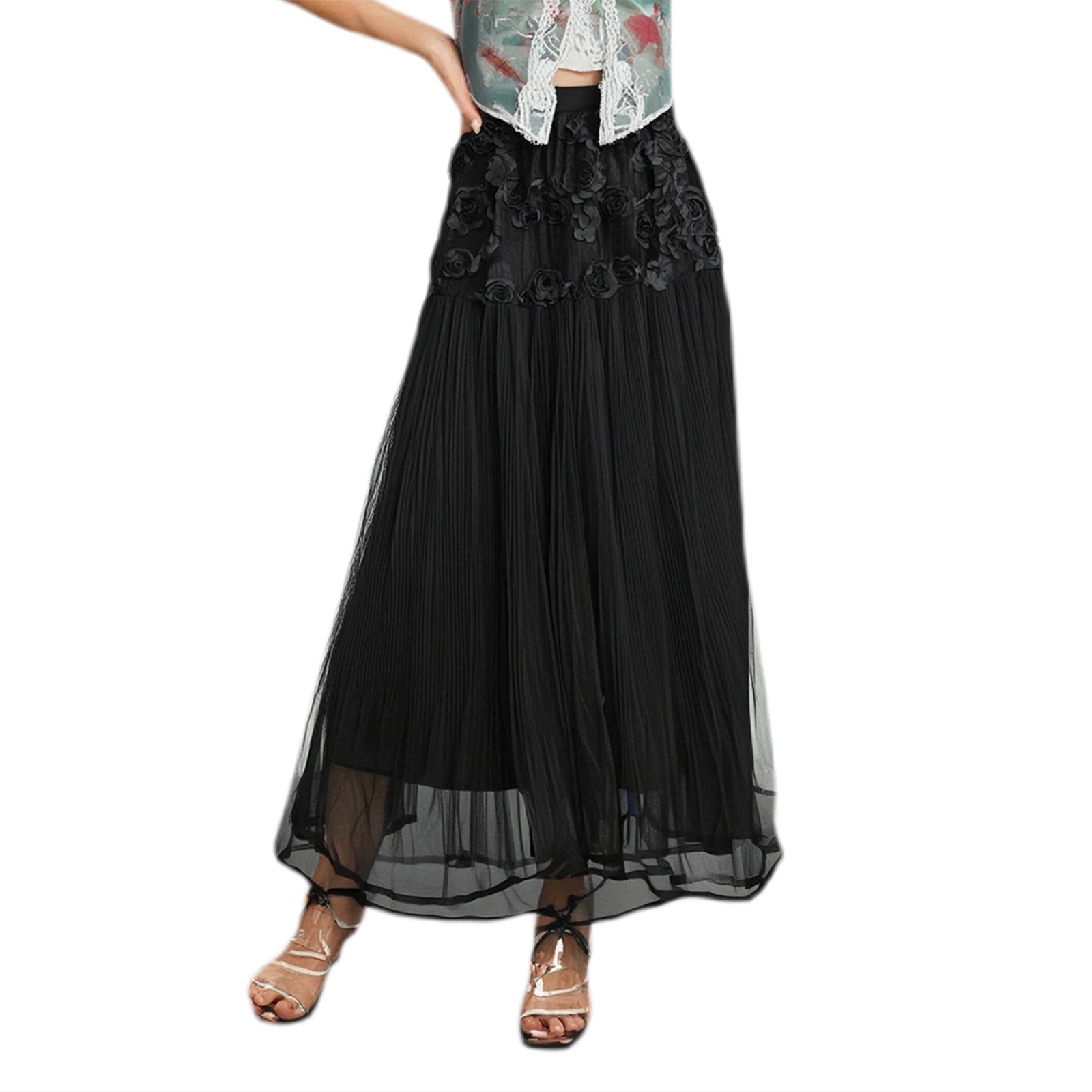 Cyflymder  Women 3D Floral Tulle Skirt Elegant Ladies Clothes High Waist A-Line Long Flowy Skirt Beach Party Skirts Streetwear