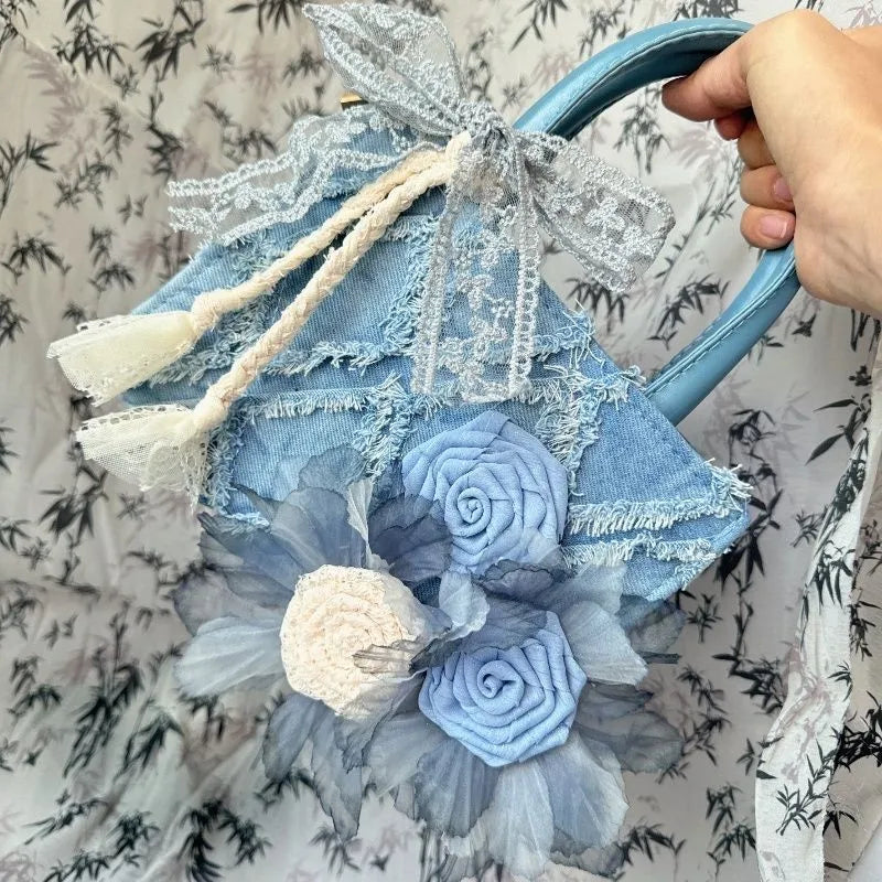 Cyflymder  Fairycore Blue Denim Tote Bag Women Chinese Style Lace Chic Y2k Hand Bag Female Harajuku Wallet Crossbody Bags Aesthetic