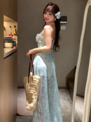 Cyflymder  Dresses Women Floral Printed Sleeveless Holiday Slash Neck Sexy Sweet Bandage Backless Elegant Party Dress Ladies