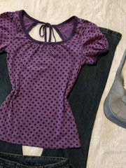 Cyflymder  American Pure Sweet Purple Polka-dot Print Tops Women Backless Lace-up Bubble Sleeves Slim T-shirt New Sexy Y2k Clothing Summer