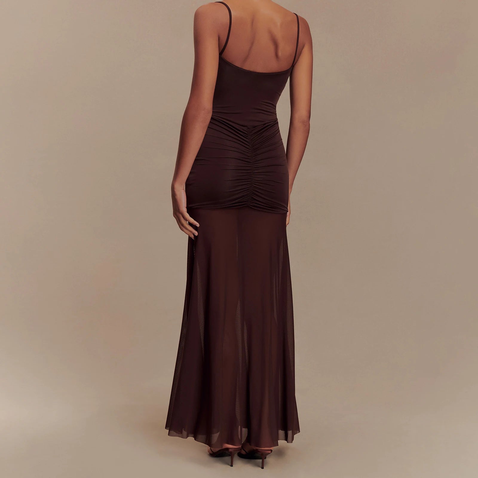 Cyflymder  Elegant Sleeveless Maxi Dress with Ruched Detailing and Cutout Front Spaghetti Strap Backless Design for Women