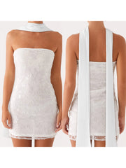 Cyflymder  Women s Summer Floral Embroidered Bandeau Dress with Off Shoulder Design and Matching Scarf for a Stylish Look