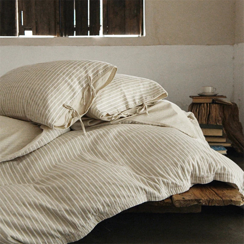 Cyflymder  Linen Cotton Simple Stripes Jacquard Nordic Style Bedding Set Single Double Queen King Duvet Cover Flat/Fitted Sheet Pillowcase