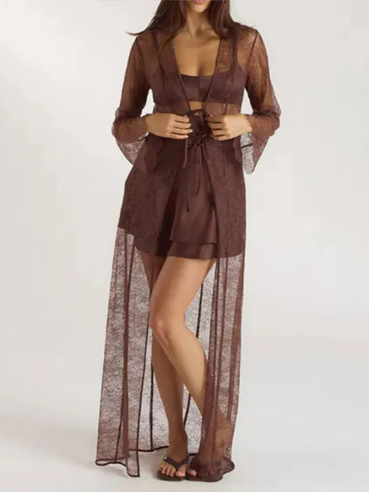 Cyflymder  Sexy Lace Coat Slip Dress Set Women Solid See Through Long Blouse Sleeveless Backless Short Dresses 2025 Fashion Summer Fall Set