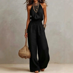 Cyflymder  New Sleeveless Linen Backless Jumpsuit Women's Cross-Border Street Style Wide Leg Pants Long Trousers No Neck Label