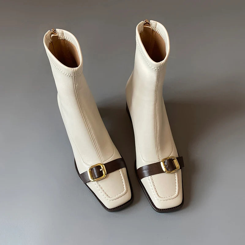 Cyflymder  Vintage Thick Heel Woman Ankle Boot Fashion Belt Buckle Ladies Elastic Slim Short Booties Autumn Winter Women's Shoes