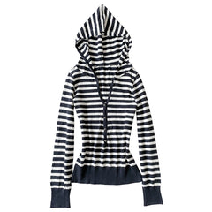 Cyflymder  Y2K American Retro Womens Hooded Knit Top Slim Half Button V Neck Long Sleeve Thin Knit Navy White Stripe Pullover Casual
