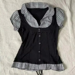 Cyflymder  Subcultural Spliced Plaid Conctrast Color Fake Two Piece Y2k Aesthetic Japanese High Street Buttons Punk T Shirt Retro Clothes